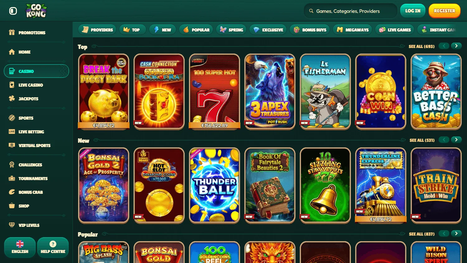 Gokong Casino desktop games area with pokies, tables and live casino options
