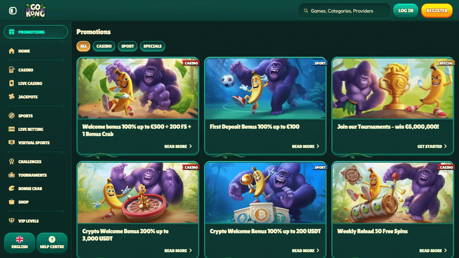 Gokong Casino desktop promotions with casino, sports and crypto offers