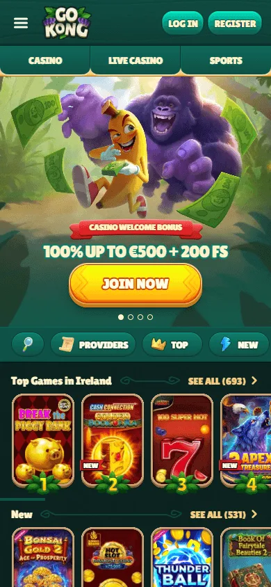 Gokong Casino mobile home with casino and sportsbook access